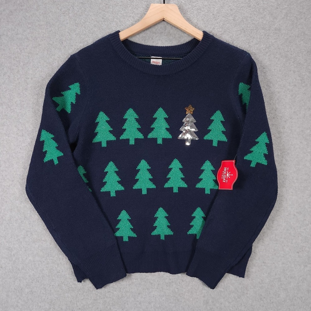 Christmas Tree Womens Large Navy Blue Sequin Festive Knit Holiday Time Cozy